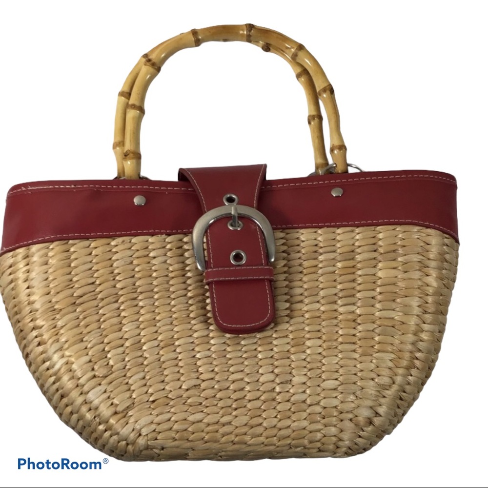 Red Trim Woven Straw Purse Bamboo Handles